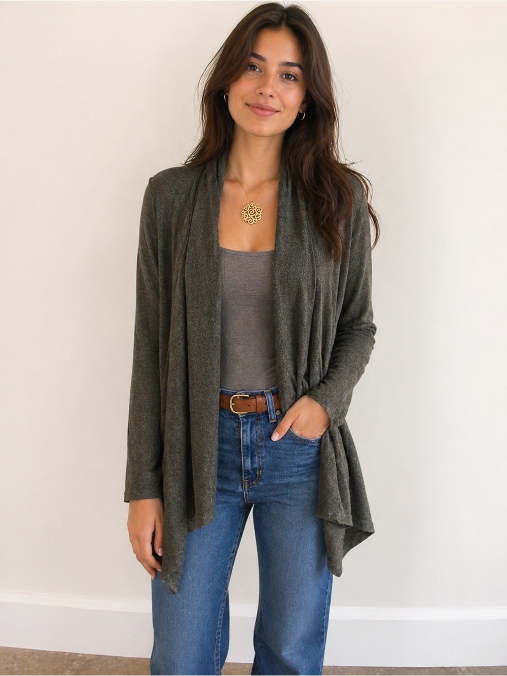 Olivia Sky Gray Open-Front Draped Cardigan Size M